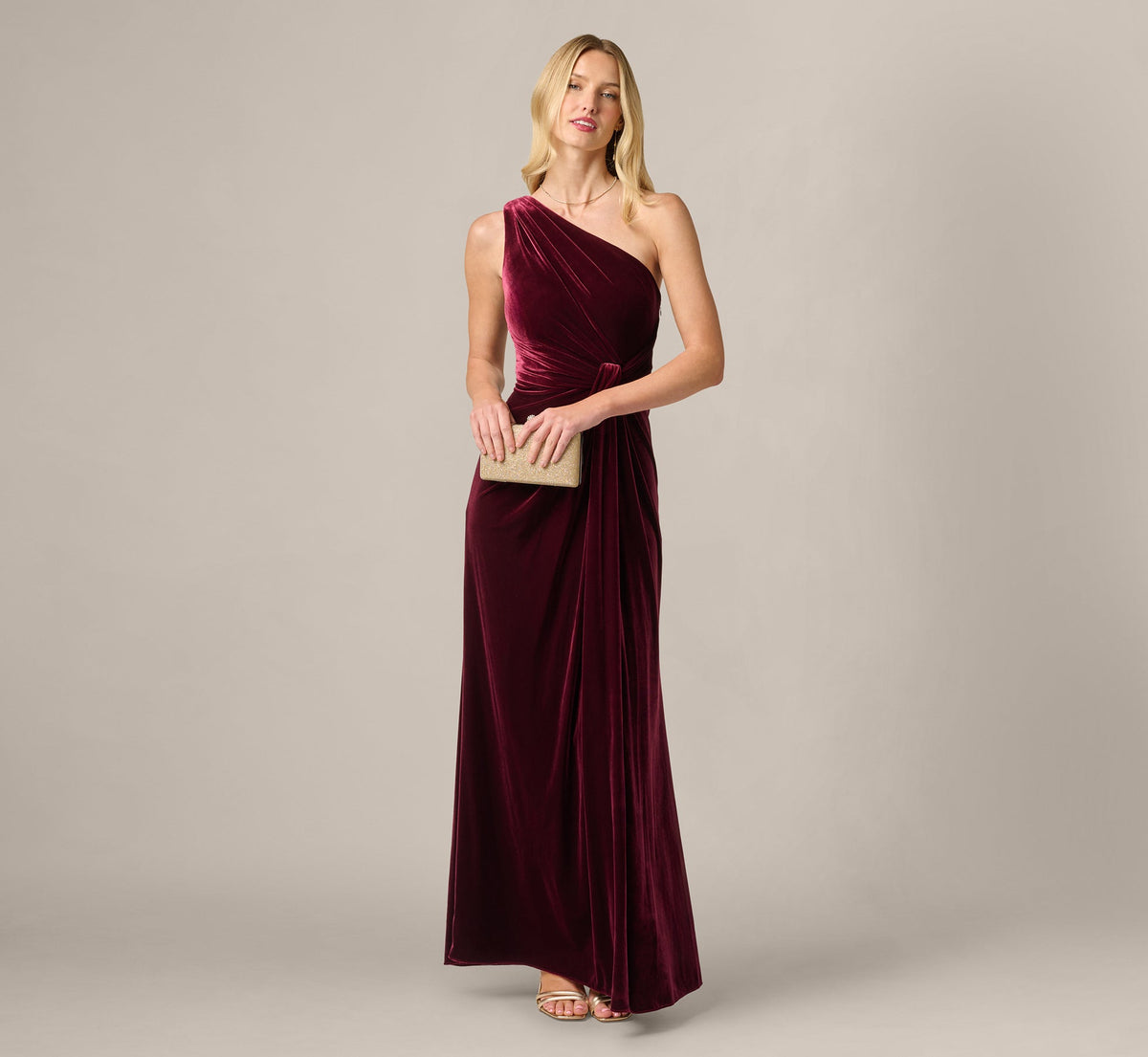 One Shoulder Stretch Velvet Twist Knot Draped Gown - Bordeaux | Adrianna Papell