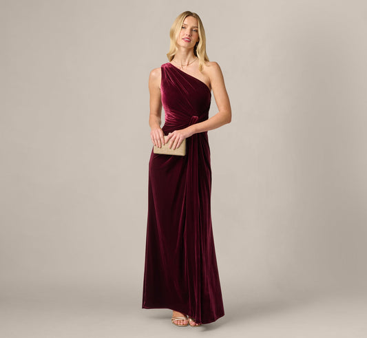 One Shoulder Stretch Velvet Twist Knot Draped Gown - Bordeaux | Adrianna Papell