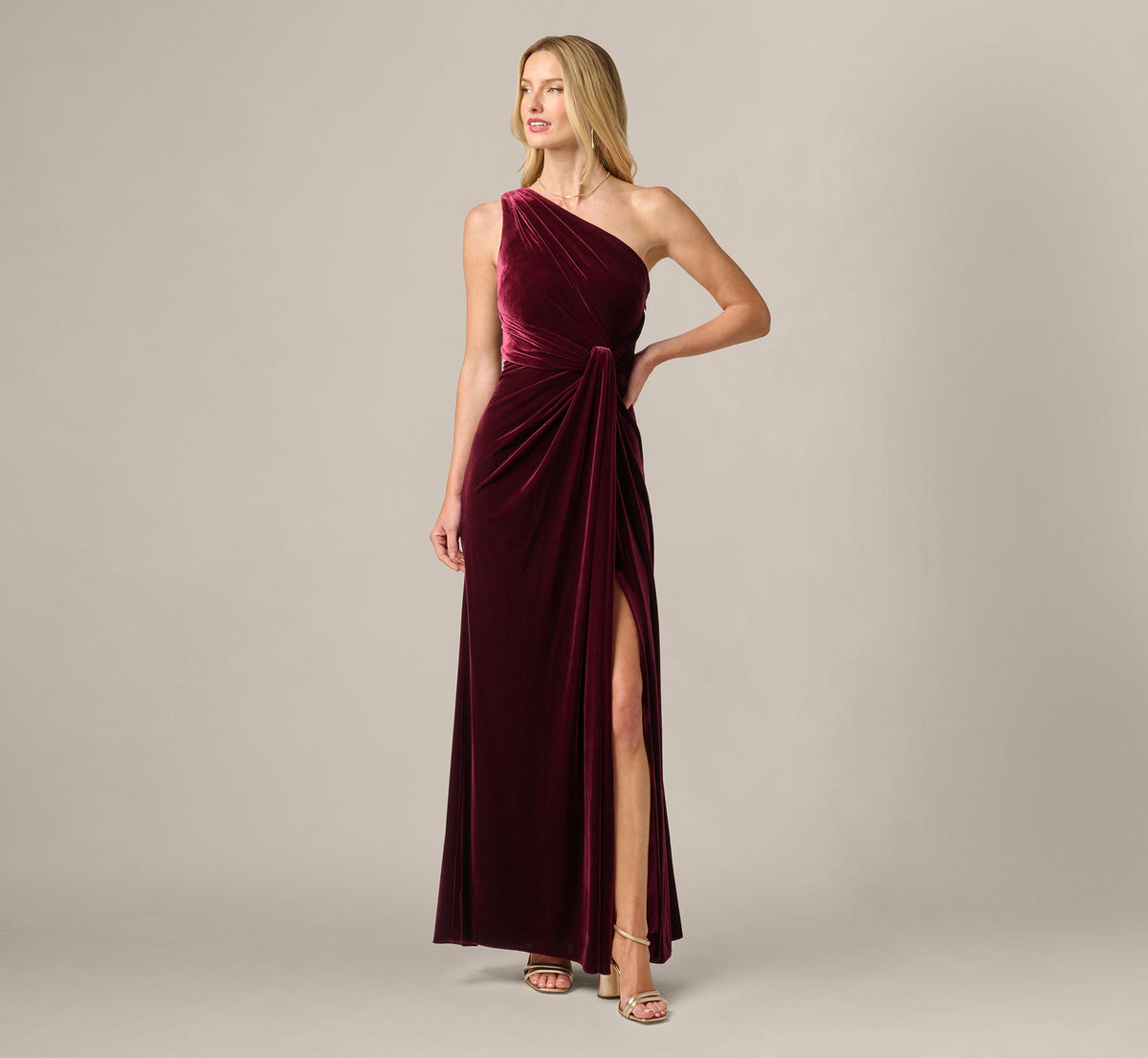 One Shoulder Stretch Velvet Twist Knot Draped Gown - Bordeaux | Adrianna Papell