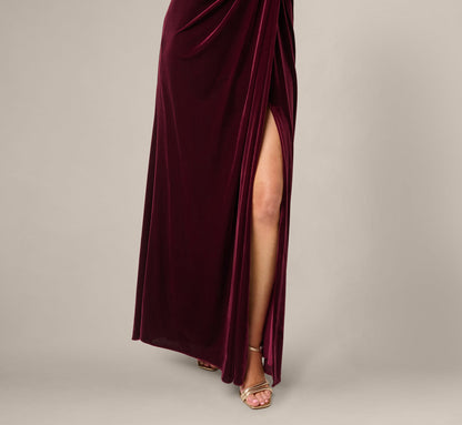 One Shoulder Stretch Velvet Twist Knot Draped Gown - Bordeaux | Adrianna Papell