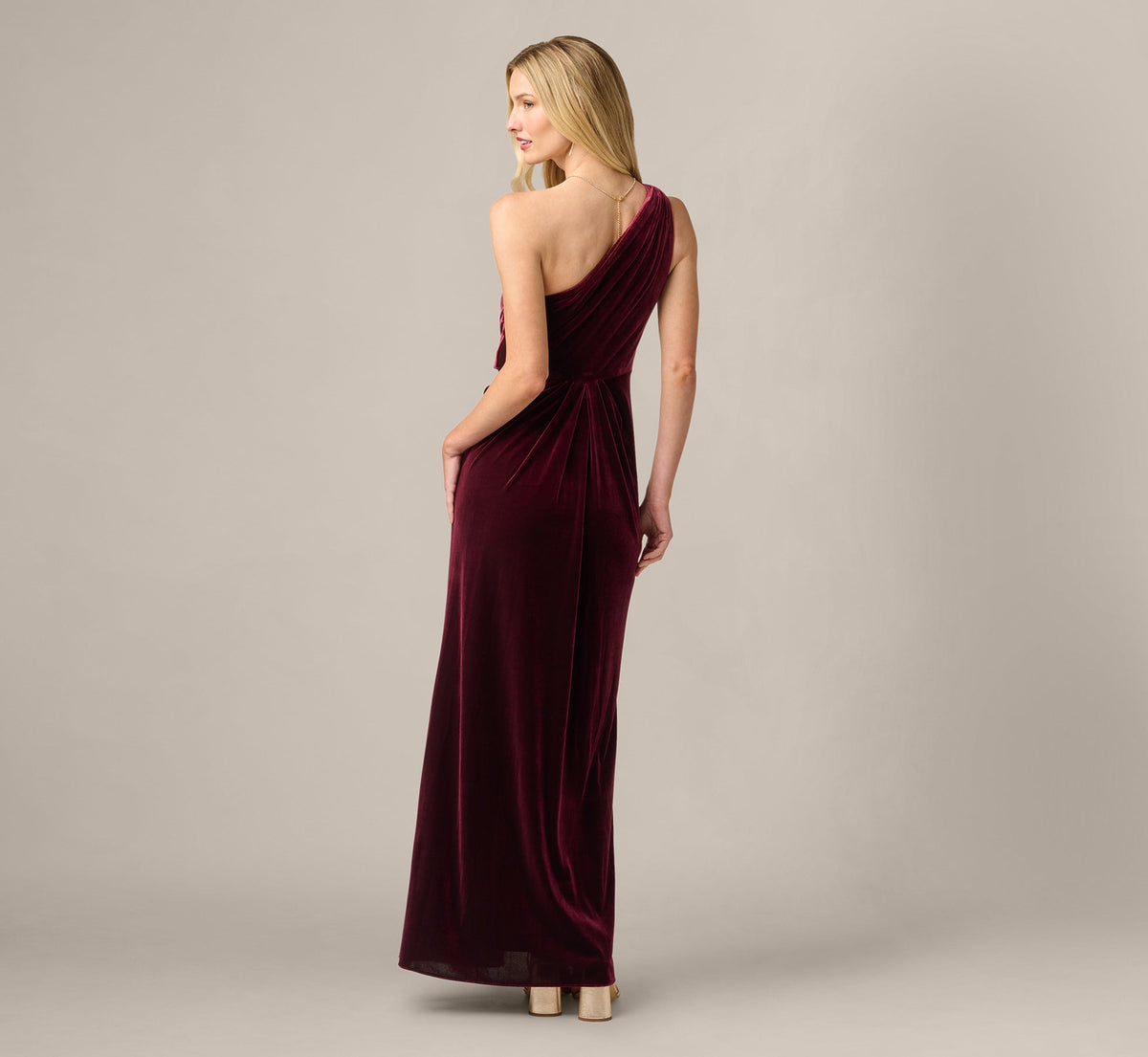 One Shoulder Stretch Velvet Twist Knot Draped Gown - Bordeaux | Adrianna Papell
