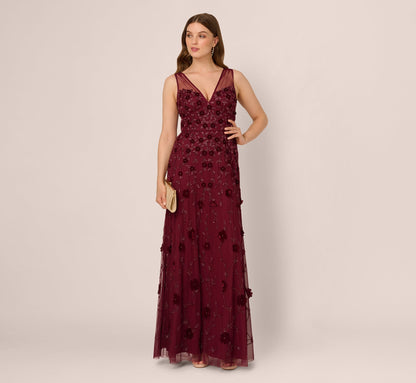 Velvet Floral Beaded Gown With Sheer Tank Straps - Mahogany | Adrianna Papell