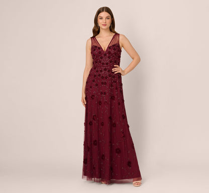 Velvet Floral Beaded Gown With Sheer Tank Straps - Mahogany | Adrianna Papell