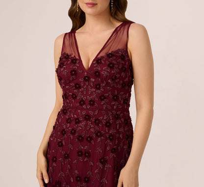 Velvet Floral Beaded Gown With Sheer Tank Straps - Mahogany | Adrianna Papell