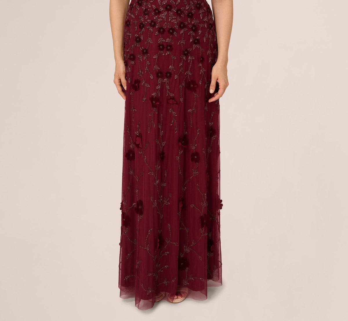 Velvet Floral Beaded Gown With Sheer Tank Straps - Mahogany | Adrianna Papell