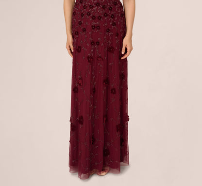 Velvet Floral Beaded Gown With Sheer Tank Straps - Mahogany | Adrianna Papell