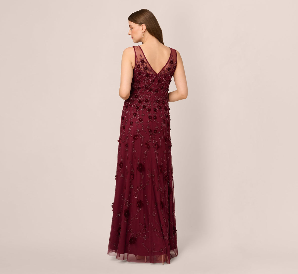 Velvet Floral Beaded Gown With Sheer Tank Straps - Mahogany | Adrianna Papell