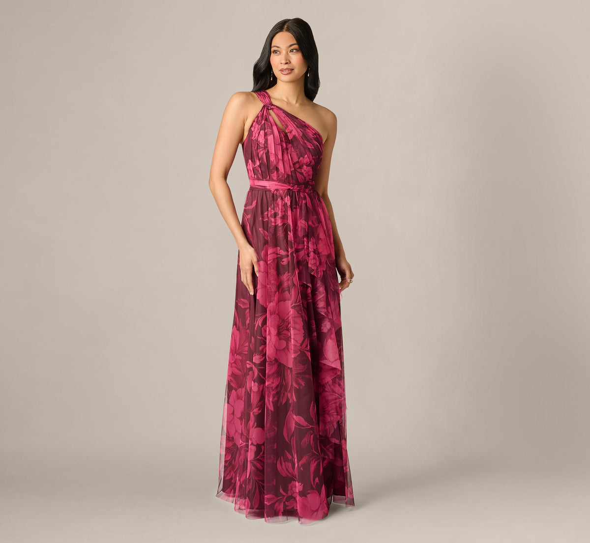 One Shoulder Twist Floral Tulle Gown - Burgundy Multi | Adrianna Papell