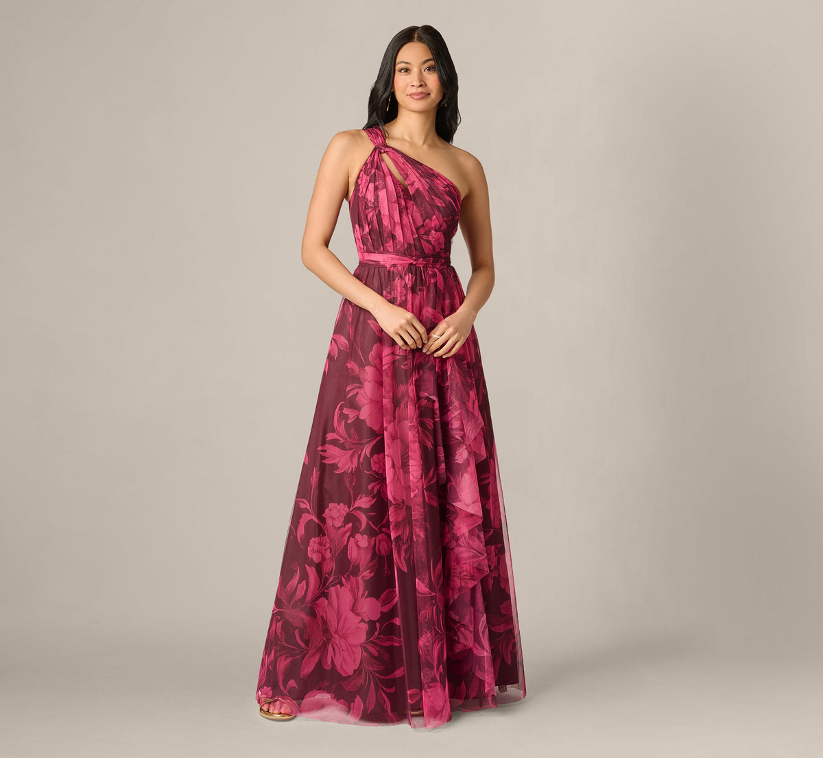 One Shoulder Twist Floral Tulle Gown - Burgundy Multi | Adrianna Papell