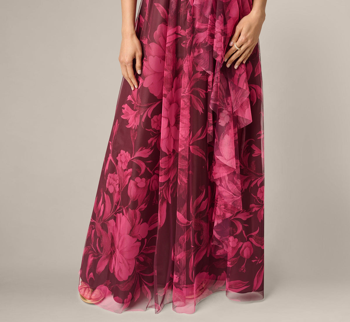One Shoulder Twist Floral Tulle Gown - Burgundy Multi | Adrianna Papell