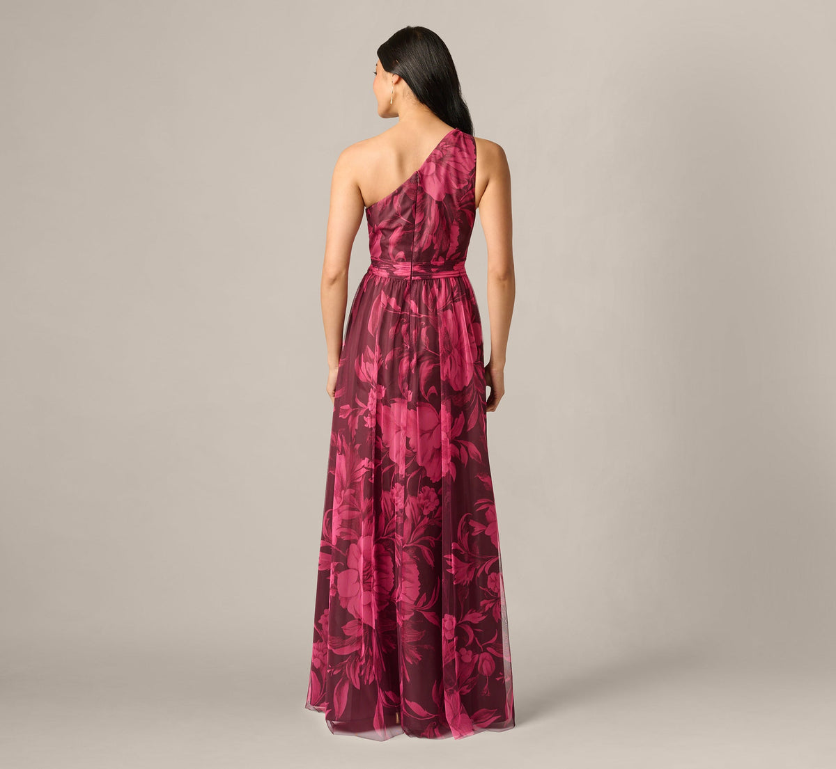 One Shoulder Twist Floral Tulle Gown - Burgundy Multi | Adrianna Papell