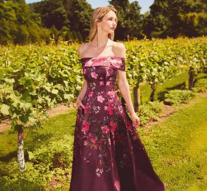 Off Shoulder Garden Floral Mikado Ballgown - Burgundy Multi | Adrianna Papell