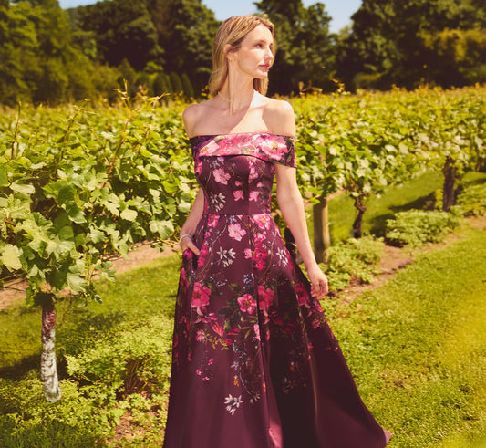 Off Shoulder Garden Floral Mikado Ballgown - Burgundy Multi | Adrianna Papell