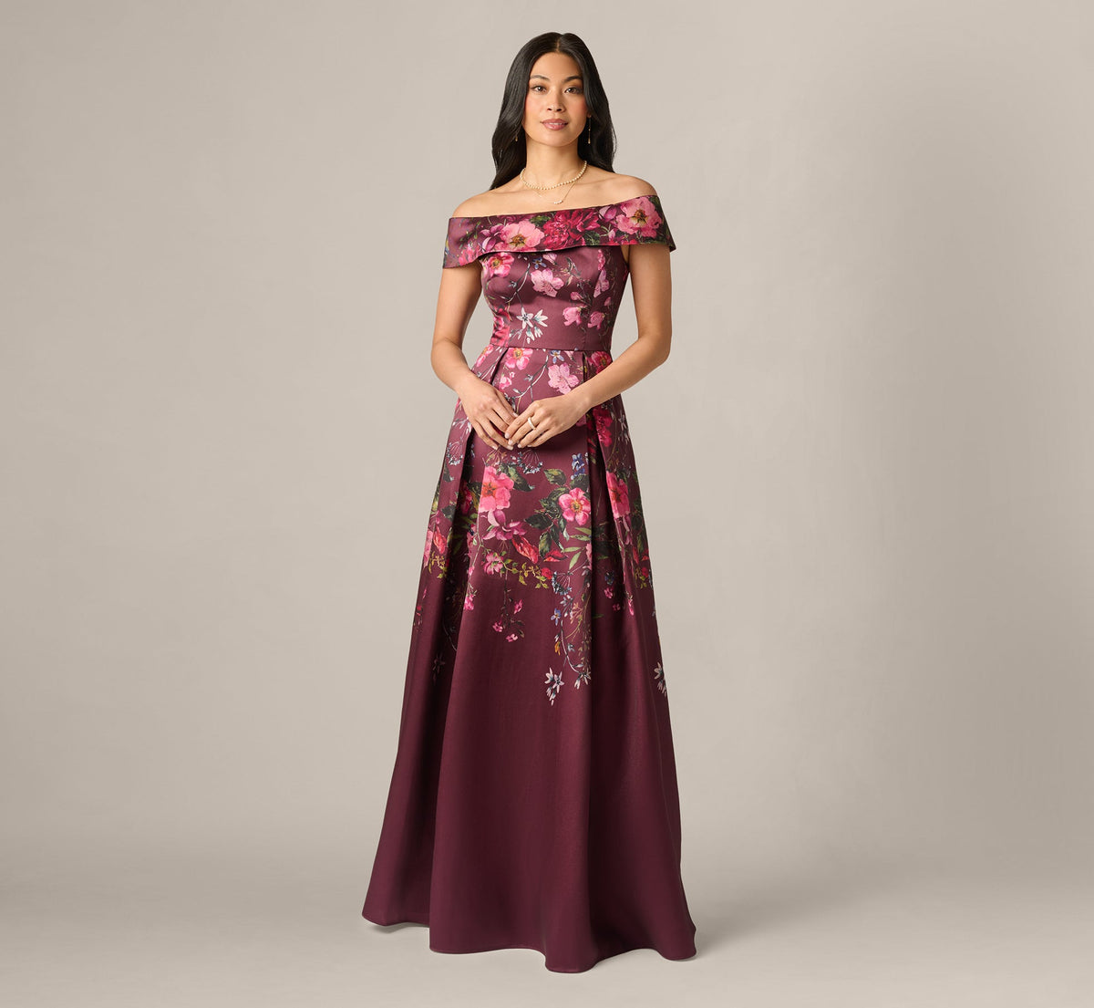 Off Shoulder Garden Floral Mikado Ballgown - Burgundy Multi | Adrianna Papell