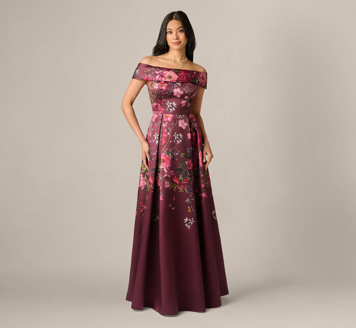 Off Shoulder Garden Floral Mikado Ballgown - Burgundy Multi | Adrianna Papell