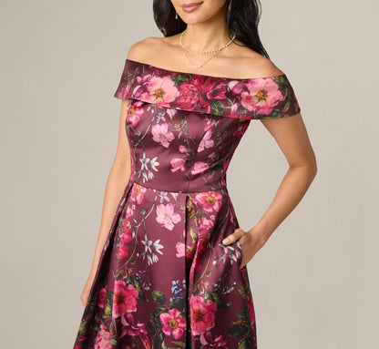 Off Shoulder Garden Floral Mikado Ballgown - Burgundy Multi | Adrianna Papell