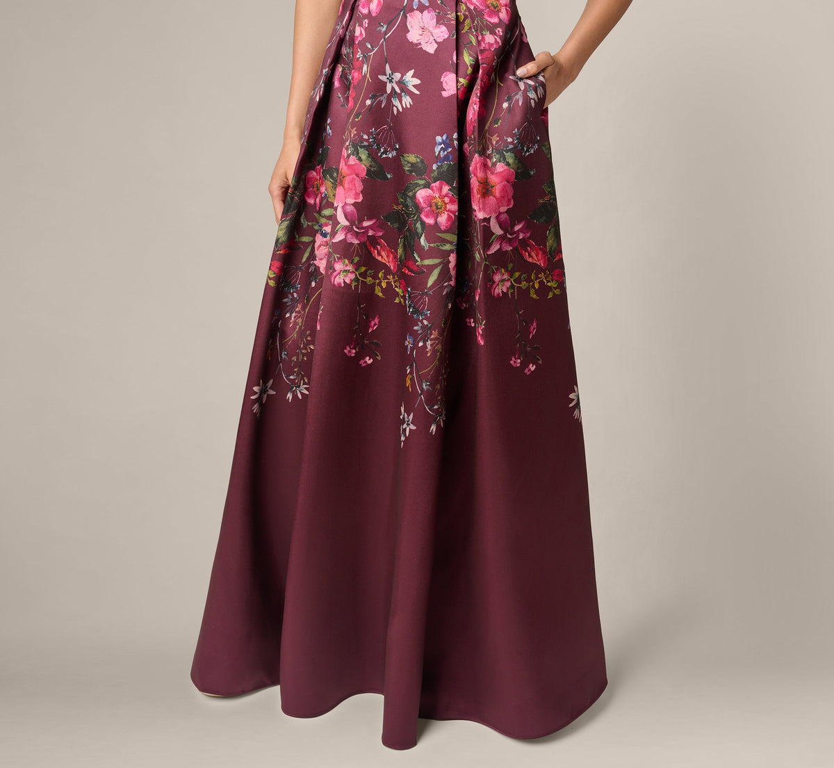 Off Shoulder Garden Floral Mikado Ballgown - Burgundy Multi | Adrianna Papell