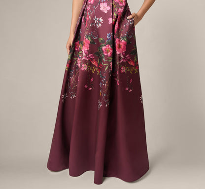 Off Shoulder Garden Floral Mikado Ballgown - Burgundy Multi | Adrianna Papell