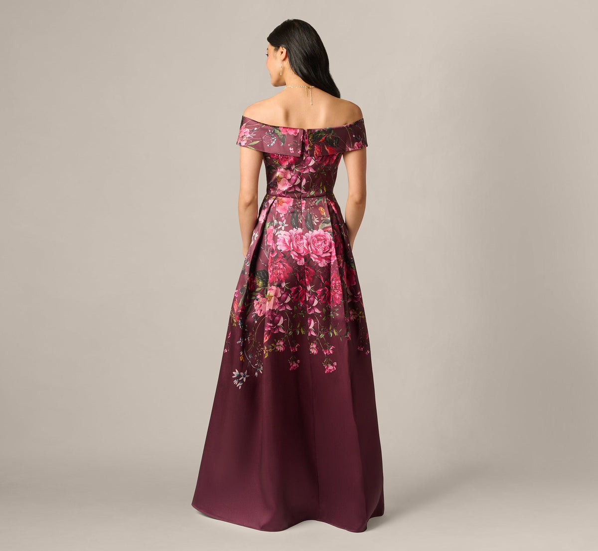 Off Shoulder Garden Floral Mikado Ballgown - Burgundy Multi | Adrianna Papell