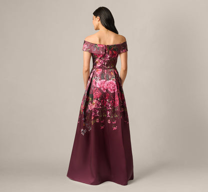 Off Shoulder Garden Floral Mikado Ballgown - Burgundy Multi | Adrianna Papell