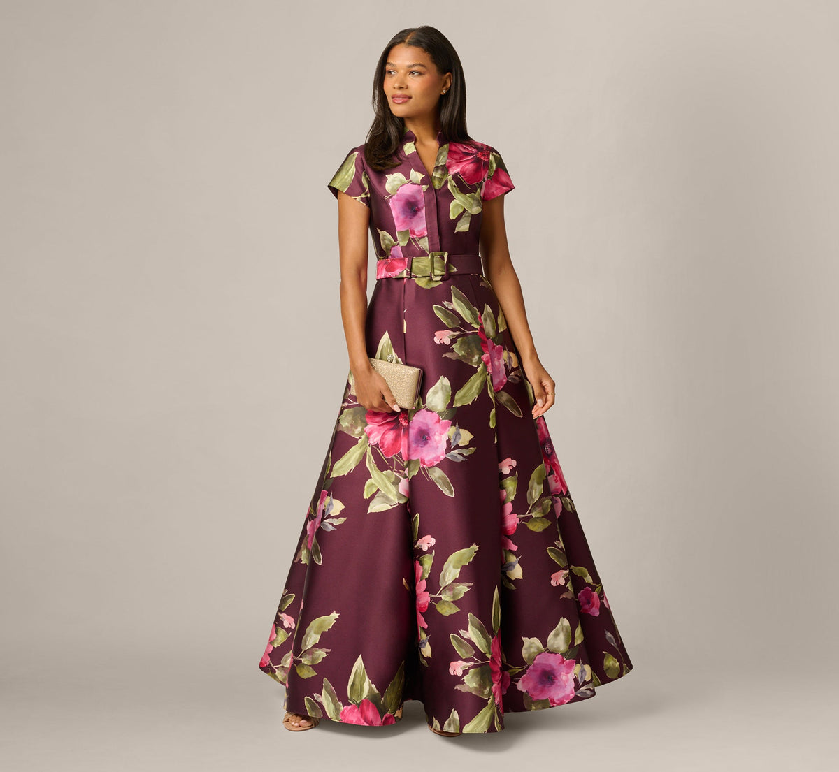 Short Sleeve Magnolia Floral Ballgown - Wine Multi | Adrianna Papell