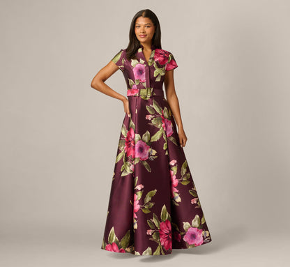 Short Sleeve Magnolia Floral Ballgown - Wine Multi | Adrianna Papell