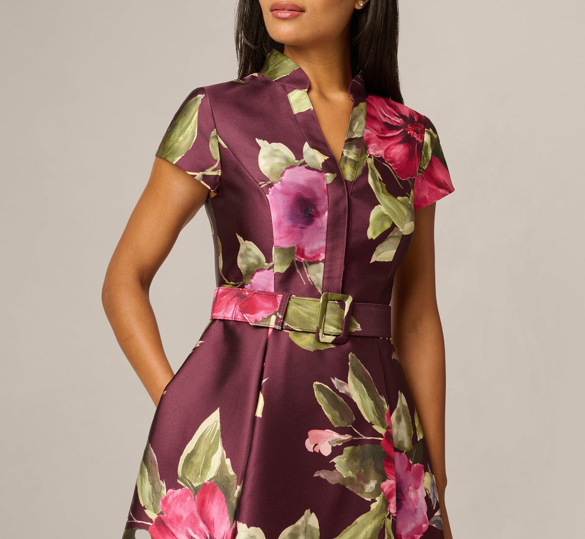 Short Sleeve Magnolia Floral Ballgown - Wine Multi | Adrianna Papell