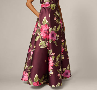 Short Sleeve Magnolia Floral Ballgown - Wine Multi | Adrianna Papell