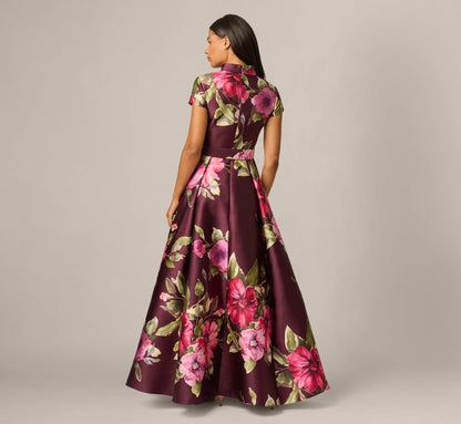 Short Sleeve Magnolia Floral Ballgown - Wine Multi | Adrianna Papell