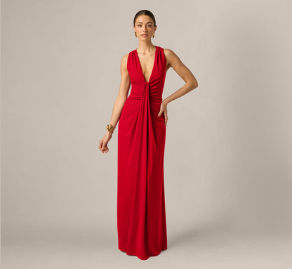 Draped Stretch Jersey Cross Back Plunge Gown - Red | Adrianna Papell