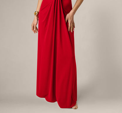 Draped Stretch Jersey Cross Back Plunge Gown - Red | Adrianna Papell