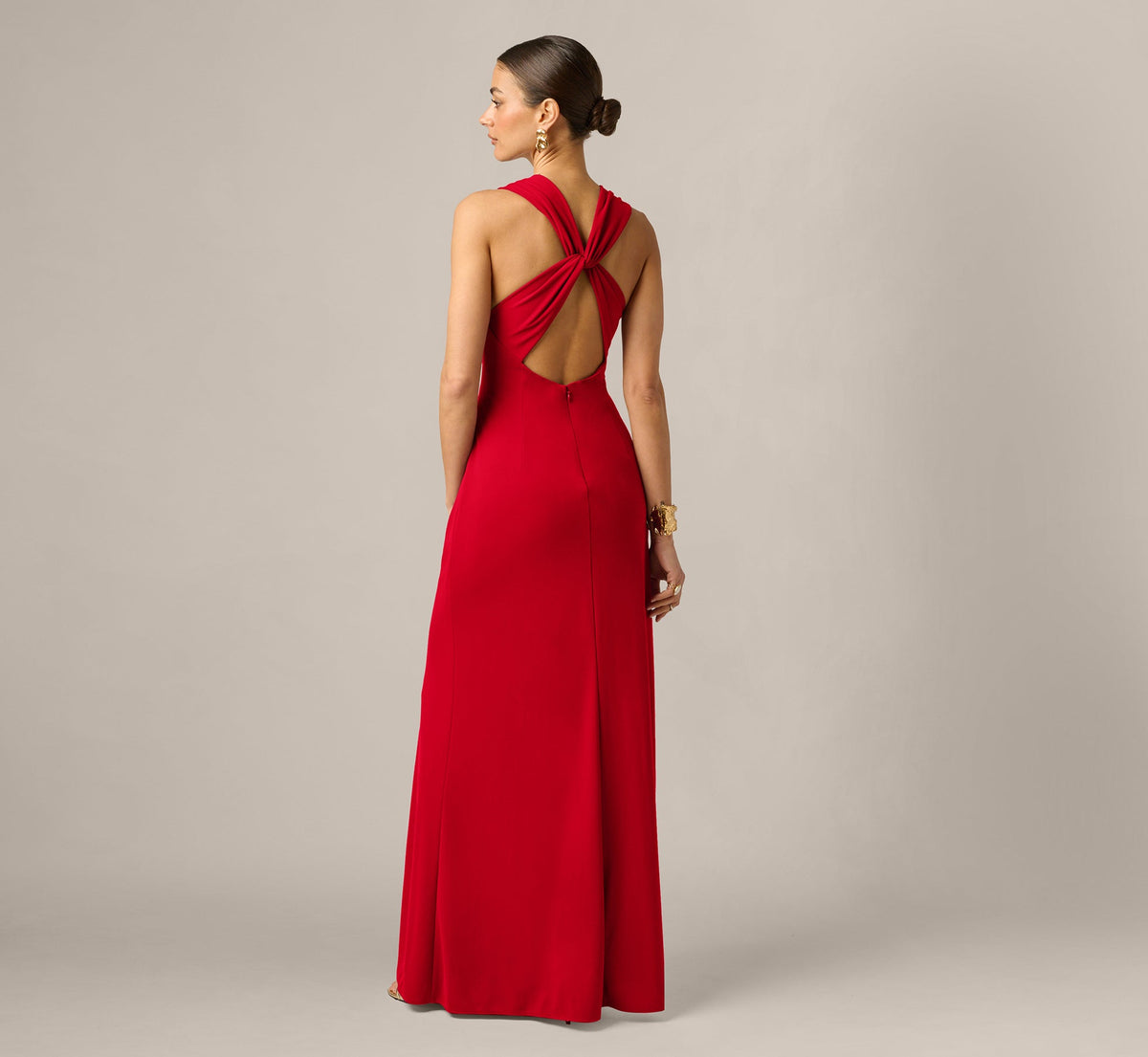 Draped Stretch Jersey Cross Back Plunge Gown - Red | Adrianna Papell