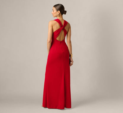 Draped Stretch Jersey Cross Back Plunge Gown - Red | Adrianna Papell