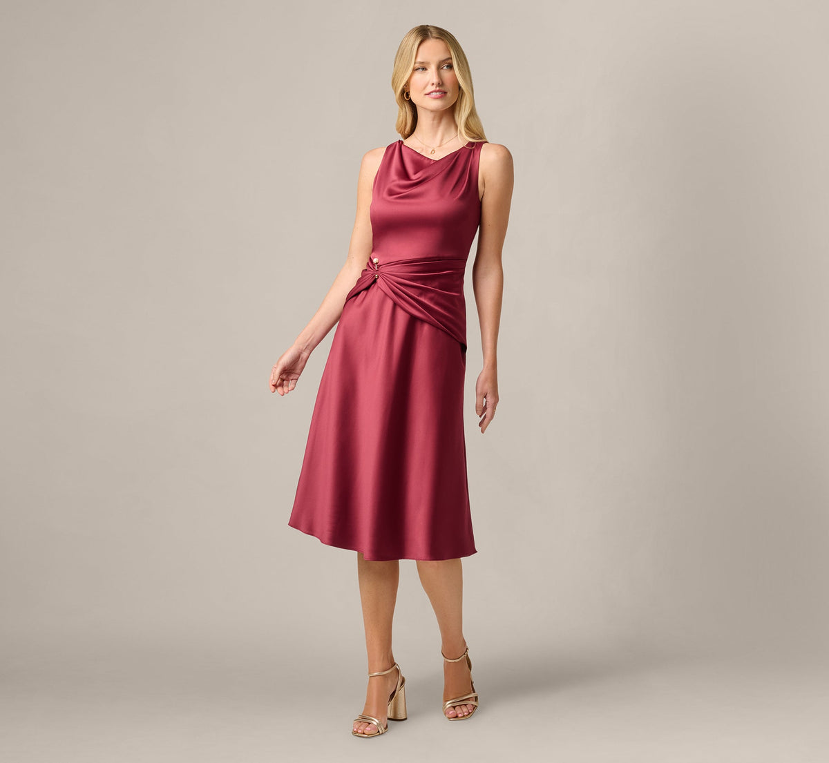 Satin Cowl Neck Draped Midi Dress - Crimson Haze | Adrianna Papell