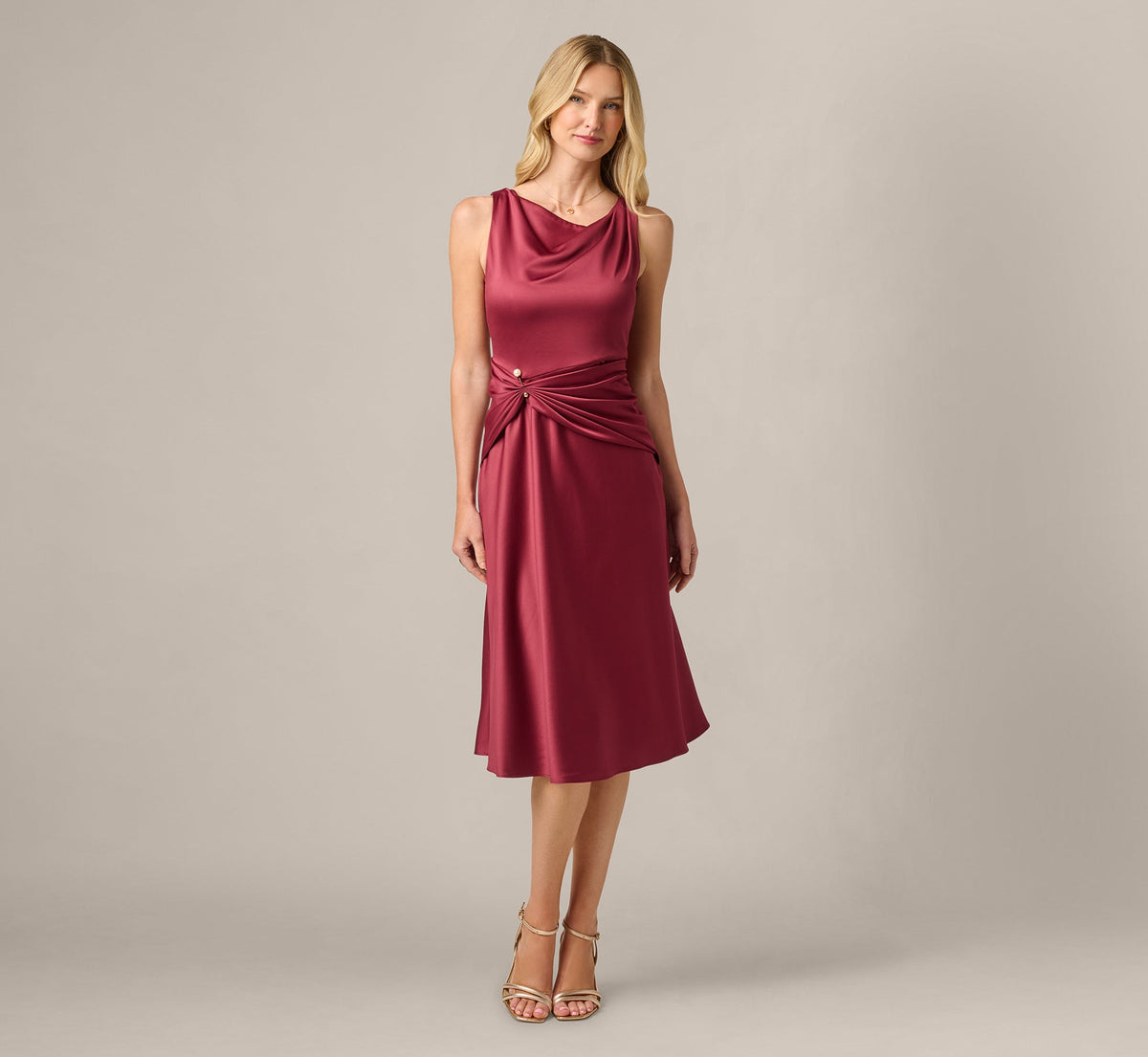 Satin Cowl Neck Draped Midi Dress - Crimson Haze | Adrianna Papell