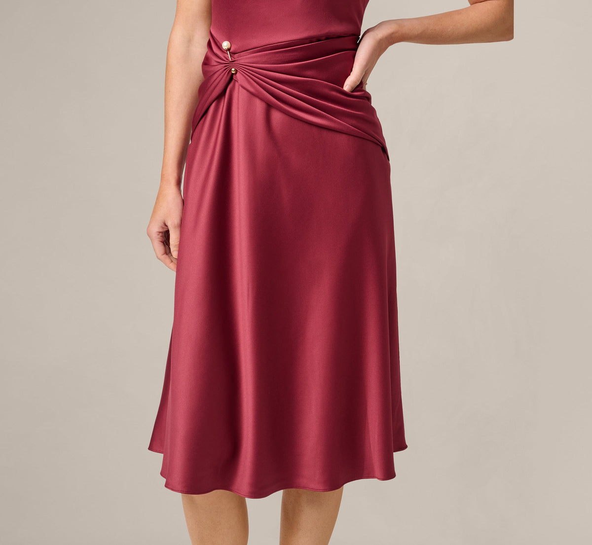 Satin Cowl Neck Draped Midi Dress - Crimson Haze | Adrianna Papell