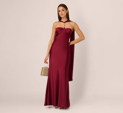 Strapless Scarf Chain Satin Dress - Crimson Haze | Adrianna Papell