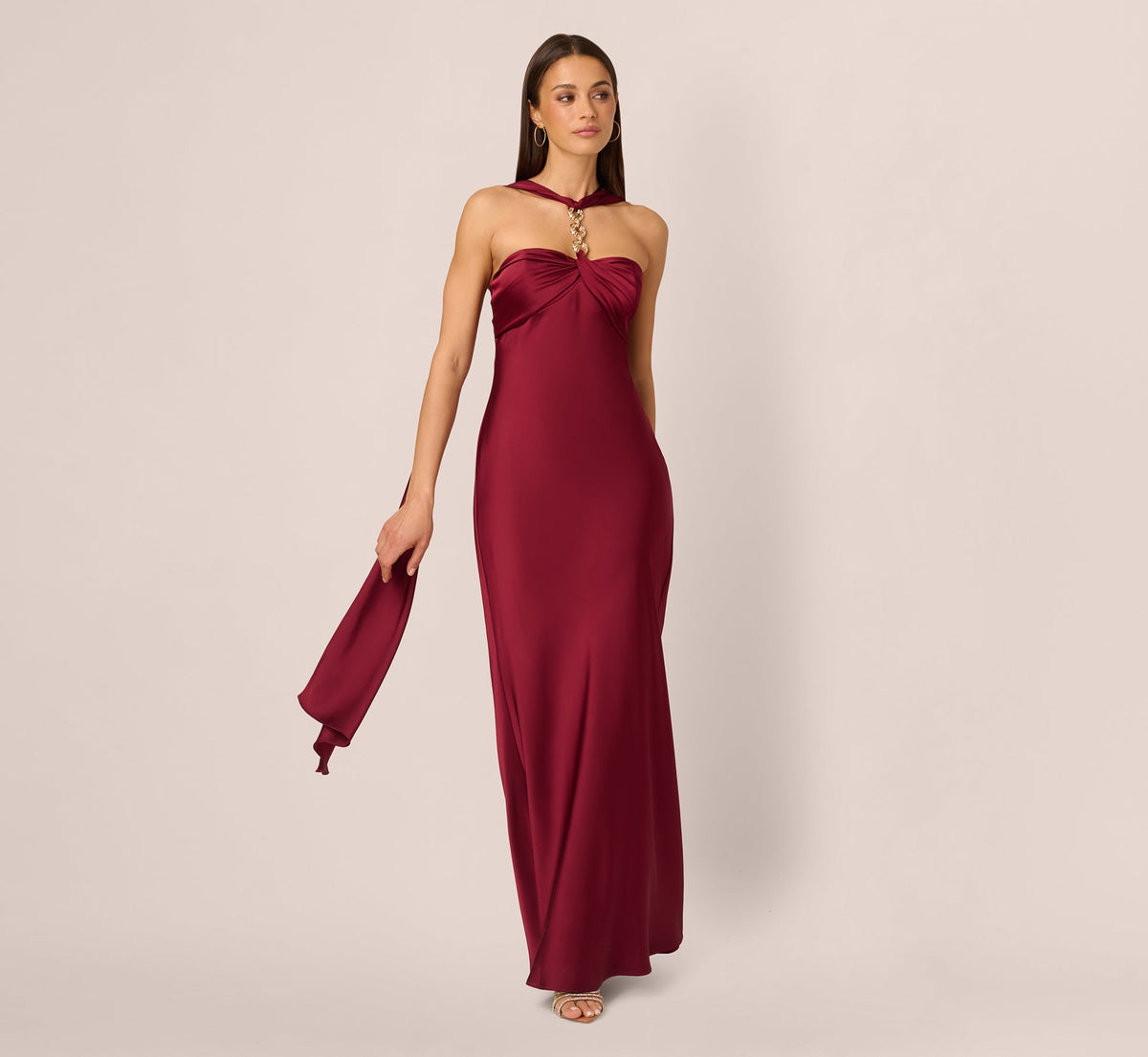 Strapless Scarf Chain Satin Dress - Crimson Haze | Adrianna Papell
