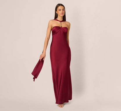 Strapless Scarf Chain Satin Dress - Crimson Haze | Adrianna Papell