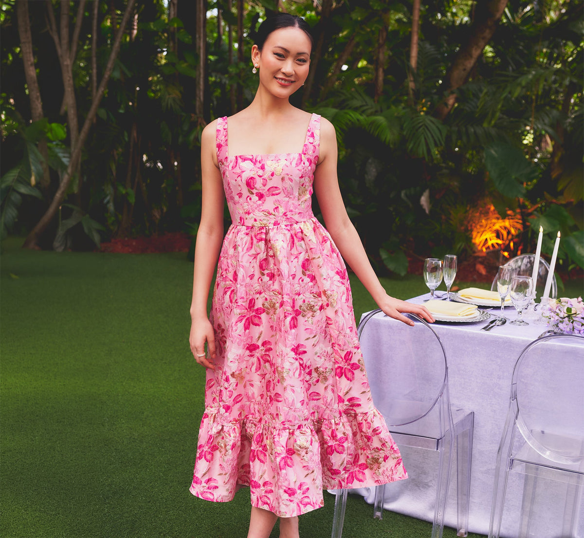 Metallic Floral Jacquard Ruffle Midi Dress - Pink Multi | Adrianna Papell
