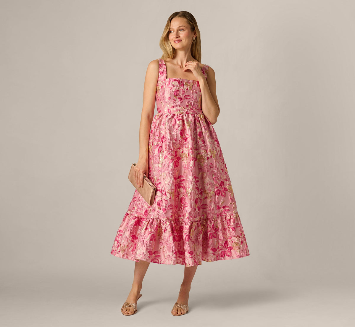 Metallic Floral Jacquard Ruffle Midi Dress - Pink Multi | Adrianna Papell