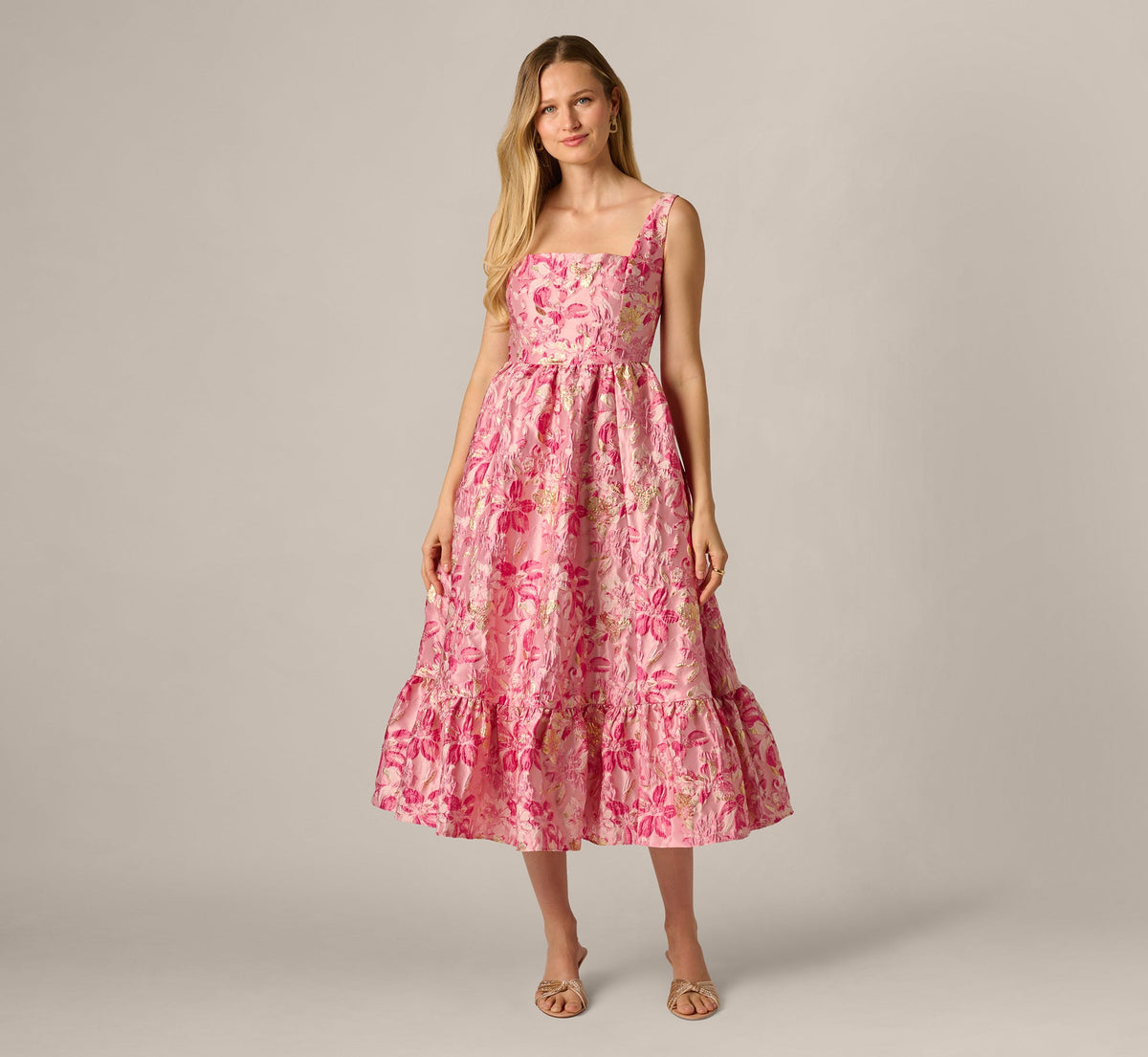 Metallic Floral Jacquard Ruffle Midi Dress - Pink Multi | Adrianna Papell