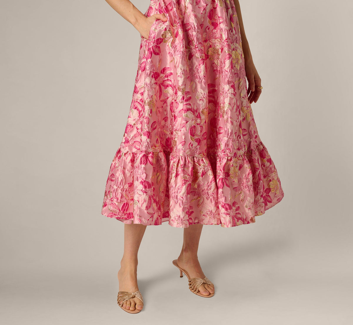 Metallic Floral Jacquard Ruffle Midi Dress - Pink Multi | Adrianna Papell