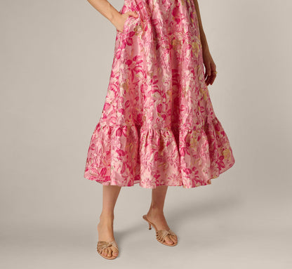Metallic Floral Jacquard Ruffle Midi Dress - Pink Multi | Adrianna Papell