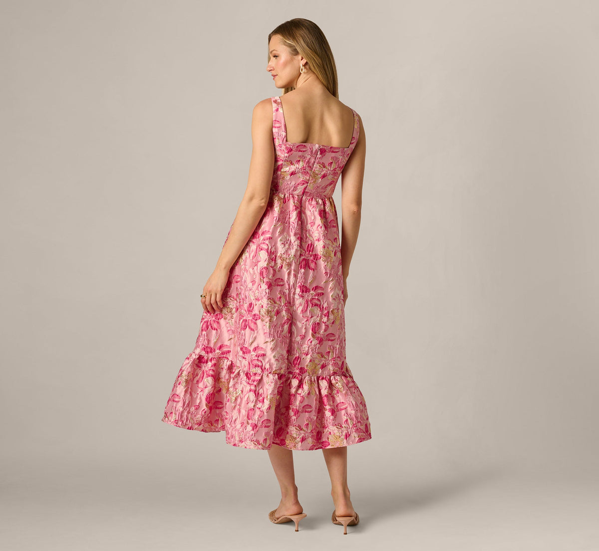 Metallic Floral Jacquard Ruffle Midi Dress - Pink Multi | Adrianna Papell