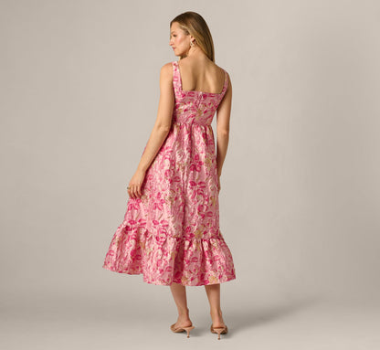 Metallic Floral Jacquard Ruffle Midi Dress - Pink Multi | Adrianna Papell
