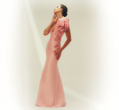 Stretch Mikado Rosette Shoulder Gown - Pink Cloud | Adrianna Papell