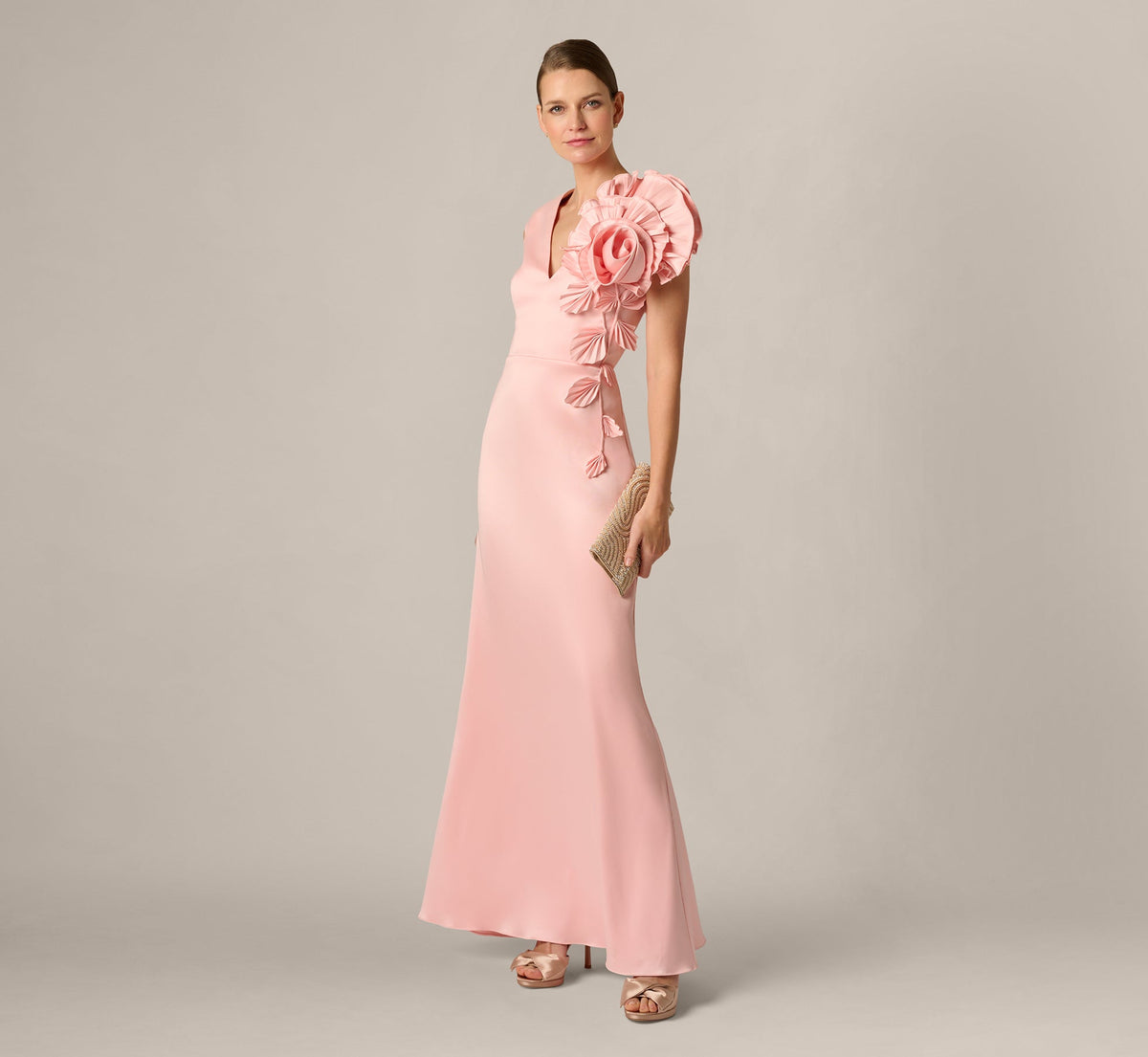 Stretch Mikado Rosette Shoulder Gown - Pink Cloud | Adrianna Papell