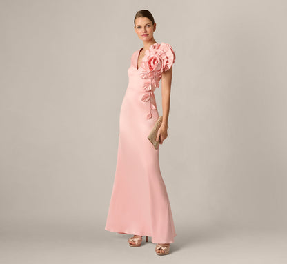 Stretch Mikado Rosette Shoulder Gown - Pink Cloud | Adrianna Papell