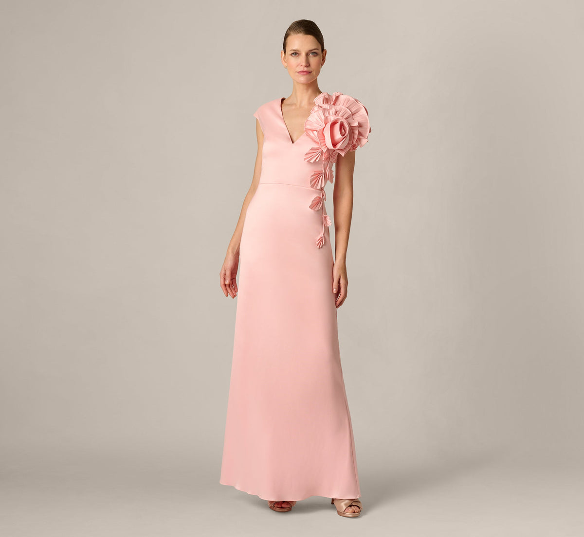 Stretch Mikado Rosette Shoulder Gown - Pink Cloud | Adrianna Papell